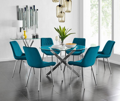 Furniturebox Uk Novara 120Cm Round Dining Table And 6 Blue Pesaro Silver Leg Chairs from B&Q
