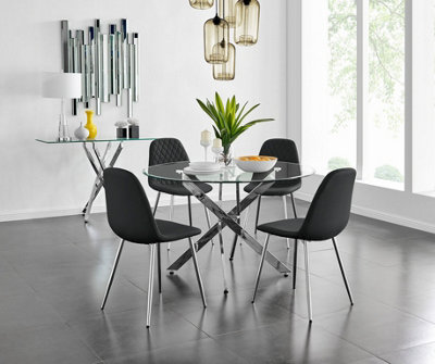 Furniturebox Uk Novara Chrome Metal And Glass Large Round Dining Table And 4 Black Corona Silver Chairs Set from B&Q
