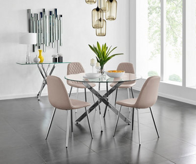 Furniturebox Uk Novara Chrome Metal And Glass Large Round Dining Table And 4 Cappuccino Beige Corona Silver Chairs Set from B&Q