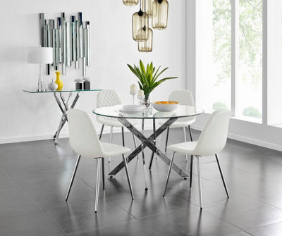 Furniturebox Uk Novara Chrome Metal And Glass Large Round Dining Table And 4 White Corona Silver Chairs Set from B&Q