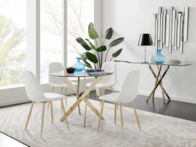 Furniturebox Uk Novara Gold Metal Round Glass Dining Table And 4 White Corona Gold Dining Chairs from B&Q