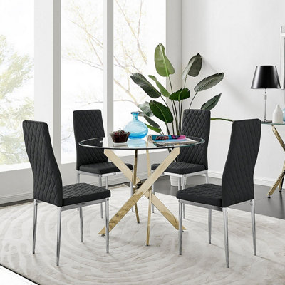 B&Q -  Uk Novara Gold Metal Round Glass Dining Table And 4 Black Milan Dining Chairs