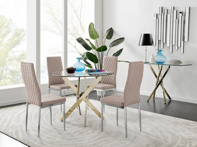 Furniturebox Uk Novara Gold Metal Round Glass Dining Table And 4 Cappuccino Beige Milan Dining Chairs from B&Q