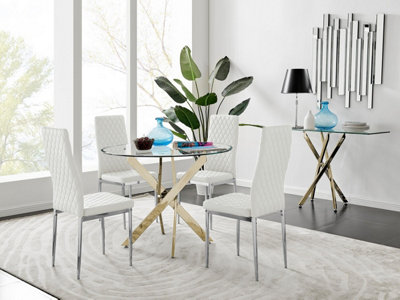 Furniturebox Uk Novara Gold Metal Round Glass Dining Table And 4 White Milan Dining Chairs from B&Q