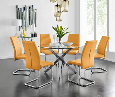B&Q -  Uk Novara Chrome Metal And Glass Large Round Dining Table And 6 Mustard Lorenzo Chairs Set