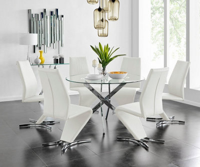 B&Q -  Uk Novara Chrome Metal And Glass Large Round Dining Table And 6 White Willow Chairs Set