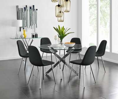 Furniturebox Uk Novara Chrome Metal And Glass Large Round Dining Table And 6 Black Corona Silver Chairs Set from B&Q