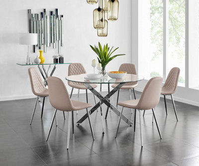 Furniturebox Uk Novara Chrome Metal And Glass Large Round Dining Table And 6 Cappuccino Beige Corona Silver Chairs Set from B&Q