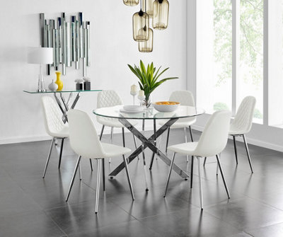 Furniturebox Uk Novara Chrome Metal And Glass Large Round Dining Table And 6 White Corona Silver Chairs Set from B&Q