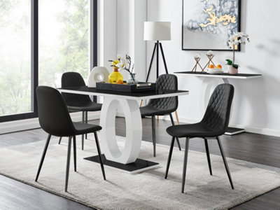 Furniturebox Giovani Rectangular 4 Seat High Gloss Unique Halo Dining Table Glass Top 4 Faux Leather Leg Corona Chairs White/Black