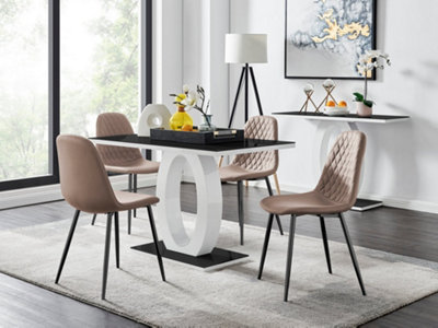 B&Q -  Giovani Rectangular 4 Seat White High Gloss Unique Halo Dining Table Black Glass Top 4 Beige Faux Leather Black Leg Corona Chairs