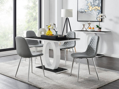B&Q -  Giovani Rectangular 4 Seat White High Gloss Unique Halo Dining Table Black Glass Top 4 Grey Faux Leather Silver Leg Corona Chairs
