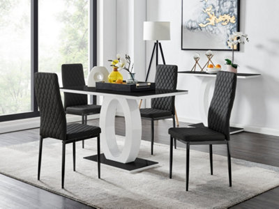 Furniturebox Giovani Rectangular 4 Seat White High Gloss Unique Halo Dining Table Black Glass Top 4 Black Faux Leather Black Leg Milan Chairs from B&Q