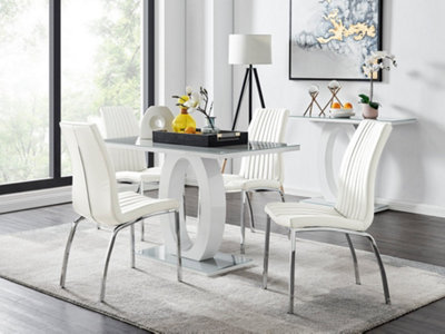 Furniturebox Giovani Rectangular 4 Seat White High Gloss Unique Halo Structural Dining Table Grey Glass Top 4 White Faux Leather Isco Chairs from B&Q