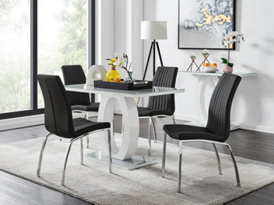 Furniturebox Giovani Rectangular 4 Seat White High Gloss Unique Halo Structural Dining Table Grey Glass Top 4 Black Faux Leather Isco Chairs from B&Q