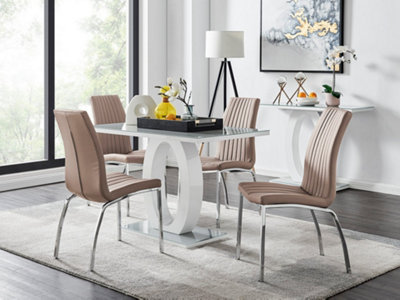 Furniturebox Giovani Rectangular 4 Seat White High Gloss Unique Halo Structural Dining Table Grey Glass Top 4 Beige Faux Leather Isco Chairs from B&Q