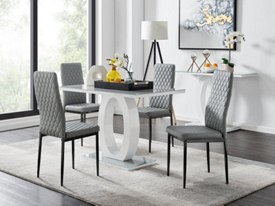 Furniturebox Giovani Rectangular 4 Seat High Gloss Unique Halo Dining Table Glass Top 4 Faux Leather Black Leg Milan Chairs White/Grey