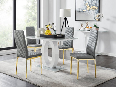 Furniturebox Giovani Rectangular 4 Seat High Gloss Unique Halo Dining Table Glass Top 4 Faux Leather Gold Leg Milan Chairs White/Grey