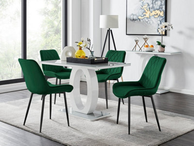 B&Q -  Giovani Rectangular 4 Seat White High Gloss Unique Halo Base Dining Table Grey Glass Top 4 Green Velvet Black Leg Pesaro Chairs