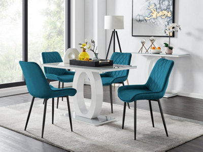 B&Q -  Giovani Rectangular 4 Seat White High Gloss Unique Halo Base Dining Table Grey Glass Top 4 Blue Velvet Black Leg Pesaro Chairs