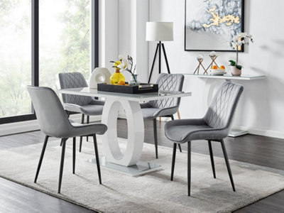 B&Q -  Giovani Rectangular 4 Seat White High Gloss Unique Halo Base Dining Table Grey Glass Top 4 Grey Velvet Black Leg Pesaro Chairs