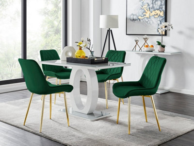 B&Q -  Giovani Rectangular 4 Seat White High Gloss Unique Halo Base Dining Table Grey Glass Top 4 Blue Velvet Gold Leg Pesaro Chairs