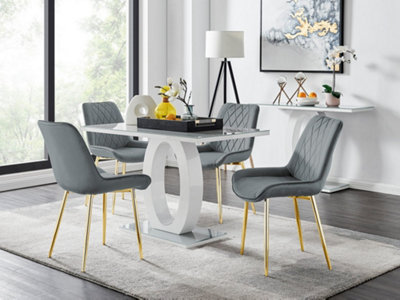 B&Q -  Giovani Rectangular 4 Seat White High Gloss Unique Halo Base Dining Table Grey Glass Top 4 Grey Velvet Gold Leg Pesaro Chairs