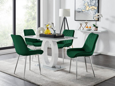 Furniturebox Giovani Rectangular 4 Seat White High Gloss Unique Halo Base Dining Table Grey Glass Top 4 Green Velvet Silver Leg Pesaro Chairs from B&Q