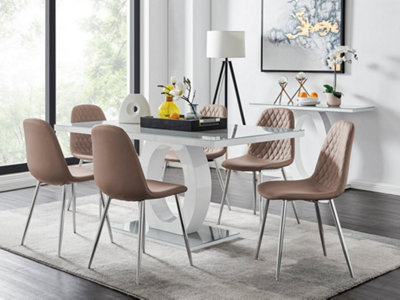 B&Q -  Giovani Rectangular 6 Seat White High Gloss Unique Halo Dining Table Grey Glass Top 6 Beige Faux Leather Silver Leg Corona Chairs