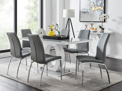 Furniturebox Giovani Rectangular 6 Seat White High Gloss Unique Halo Structural Dining Table Grey Glass Top 6 Grey Faux Leather Isco Chairs from B&Q