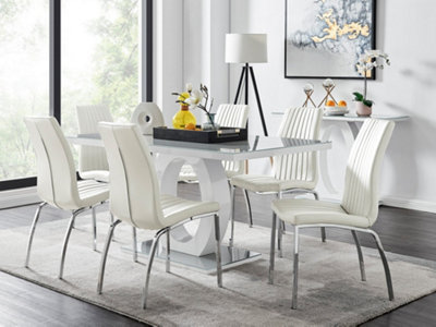 Furniturebox Giovani Rectangular 6 Seat White High Gloss Unique Halo Structural Dining Table Grey Glass Top 6 White Faux Leather Isco Chairs from B&Q