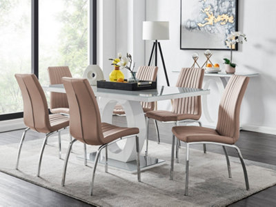 Furniturebox Giovani Rectangular 6 Seat White High Gloss Unique Halo Structural Dining Table Grey Glass Top 6 Beige Faux Leather Isco Chairs from B&Q