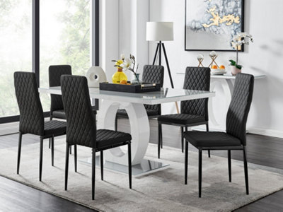 Furniturebox Giovani Rectangular 6 Seat White High Gloss Unique Halo Dining Table Grey Glass Top 6 Black Faux Leather Black Leg Milan Chairs from B&Q