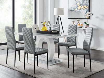 B&Q -  Giovani Rectangular 6 Seat White High Gloss Unique Halo Dining Table Grey Glass Top 6 Grey Faux Leather Black Leg Milan Chairs