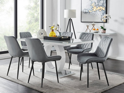 Furniturebox Giovani Rectangular 6 Seat High Gloss Unique Halo Base Dining Table Glass Top 6 Velvet Black Leg Pesaro Chairs White/Grey