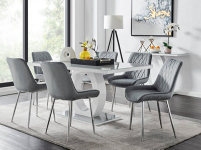 Furniturebox Giovani Rectangular 6 Seat White High Gloss Unique Halo Base Dining Table Grey Glass Top 6 Grey Velvet Silver Leg Pesaro Chairs from B&Q