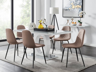 B&Q -  Giovani Rectangular 6 Seat White High Gloss Unique Halo Dining Table Grey Glass Top 6 Beige Faux Leather Black Leg Corona Chairs
