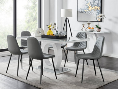 Furniturebox Giovani Rectangular 6 Seat High Gloss Unique Halo Dining Table Glass Top 6 Faux Leather Leg Corona Chairs White/Grey/Black