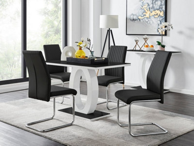 Furniturebox Giovani Rectangular 4 Seat High Gloss Halo Structural Dining Table Glass Top 4 Faux Leather Lorenzo Chairs White/Black