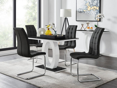 Furniturebox Giovani Rectangular 4 Seat High Gloss Unique Halo Structural Dining Table Glass Top 4 Faux Leather Murano Chairs White/Black