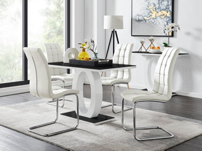 Furniturebox Giovani Rectangular 4 Seat High Gloss Unique Halo Structural Dining Table Glass Top 4 Faux Leather Murano Chairs White/Black