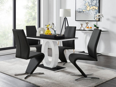 Furniturebox Giovani Rectangular 4 Seat White High Gloss Unique Halo Structural Dining Table Black Glass Top 4 Black Faux Leather Willow Chairs from B&Q