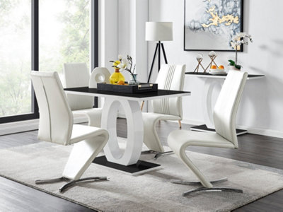 Furniturebox Giovani Rectangular 4 Seat White High Gloss Unique Halo Structural Dining Table Black Glass Top 4 White Faux Leather Willow Chairs from B&Q