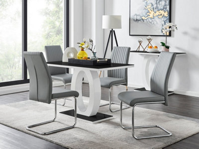 Furniturebox Giovani Rectangular 4 Seat High Gloss Halo Structural Dining Table Glass Top 4 Faux Leather Lorenzo Chairs White/Black/Grey