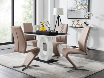 Furniturebox Giovani Rectangular 4 Seat White High Gloss Unique Halo Structural Dining Table Black Glass Top 4 Beige Faux Leather Willow Chairs from B&Q