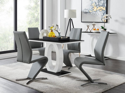 Furniturebox Giovani Rectangular 4 Seat White High Gloss Unique Halo Structural Dining Table Black Glass Top 4 Grey Faux Leather Willow Chairs from B&Q
