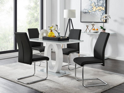 B&Q -  Giovani Rectangular 4 Seat White High Gloss Unique Halo Base Dining Table Grey Glass Top 4 Black Faux Leather Lorenzo Chairs