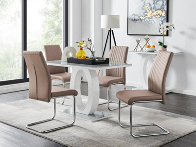 B&Q -  Giovani Rectangular 4 Seat White High Gloss Unique Halo Base Dining Table Grey Glass Top 4 Beige Faux Leather Lorenzo Chairs