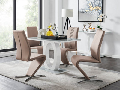 Furniturebox Giovani Rectangular 4 Seat White High Gloss Unique Halo Base Dining Table Grey Glass Top 4 Beige Faux Leather Willow Chairs from B&Q