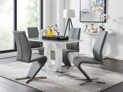 Furniturebox Giovani Rectangular 4 Seat White High Gloss Unique Halo Base Dining Table Grey Glass Top 4 Grey Faux Leather Willow Chairs from B&Q